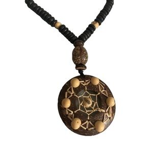 Tropical Coconut Shell & Wood Beaded Dream Catcher Necklace Tropical Jewelry